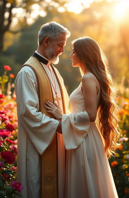 A romantic scene depicting a middle-aged priest in traditional vestments, holding hands intimately with his lover, a beautiful woman with long flowing hair dressed in a soft, elegant dress