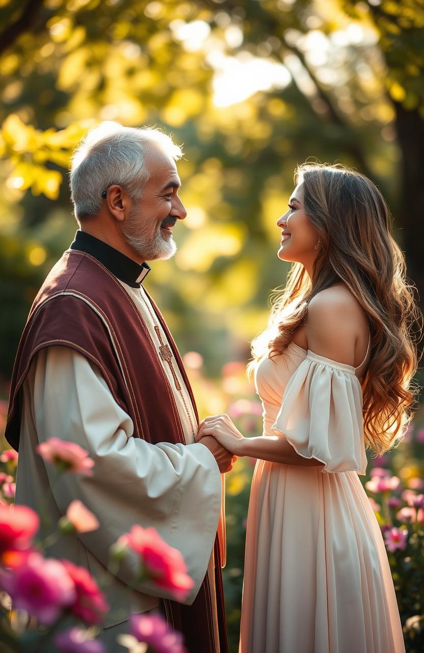 A romantic scene depicting a middle-aged priest in traditional vestments, holding hands intimately with his lover, a beautiful woman with long flowing hair dressed in a soft, elegant dress