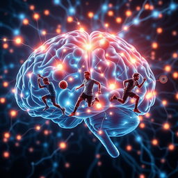 An intricate visualization of a brain network featuring glowing neural connections and neurons, with sports players integrated into the design