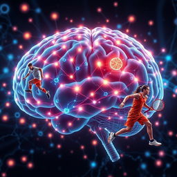An intricate visualization of a brain network featuring glowing neural connections and neurons, with sports players integrated into the design