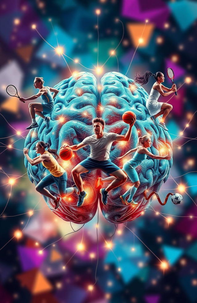 An intricate visualization of a brain network interwoven with neurons, prominently featuring male and female sports players in dynamic athletic poses that showcase their strengths and skills