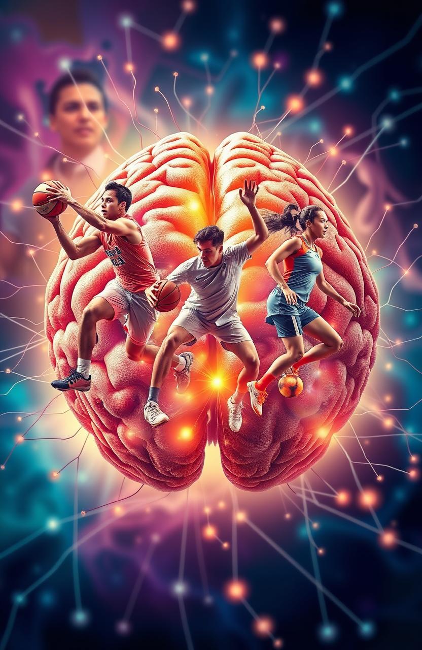 An intricate visualization of a brain network interwoven with neurons, prominently featuring male and female sports players in dynamic athletic poses that showcase their strengths and skills