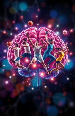 An intricate visualization of a brain network interwoven with neurons, prominently featuring male and female sports players in dynamic athletic poses that showcase their strengths and skills