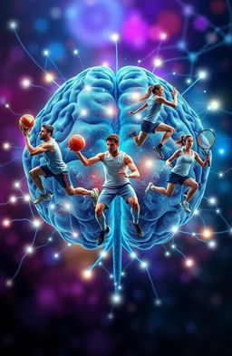 An intricate visualization of a brain network interwoven with neurons, prominently featuring male and female sports players in dynamic athletic poses that showcase their strengths and skills