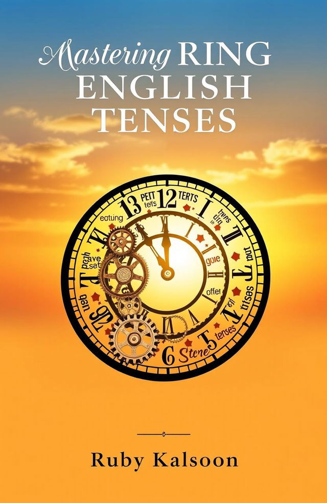 A beautifully designed book cover for 'Mastering English Tenses: A Journey Through Time', written by Ruby Kalsoom