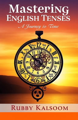 A beautifully designed book cover for 'Mastering English Tenses: A Journey Through Time', written by Ruby Kalsoom