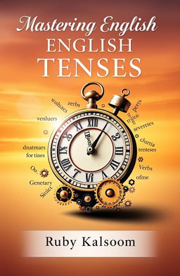 A beautifully designed book cover for 'Mastering English Tenses: A Journey Through Time', written by Ruby Kalsoom