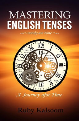 A beautifully designed book cover for 'Mastering English Tenses: A Journey Through Time', written by Ruby Kalsoom