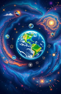 A stunning illustration of a galaxy with Earth positioned in the center, showcasing its vibrant blue oceans and green continents