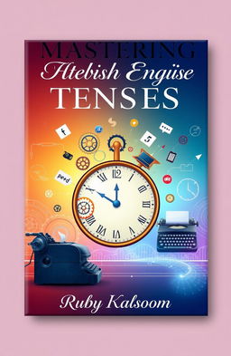 A conceptual cover design for a book titled 'Mastering English Tenses: A Journey Through Time' by Ruby Kalsoom