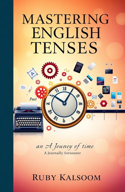 A conceptual cover design for a book titled 'Mastering English Tenses: A Journey Through Time' by Ruby Kalsoom