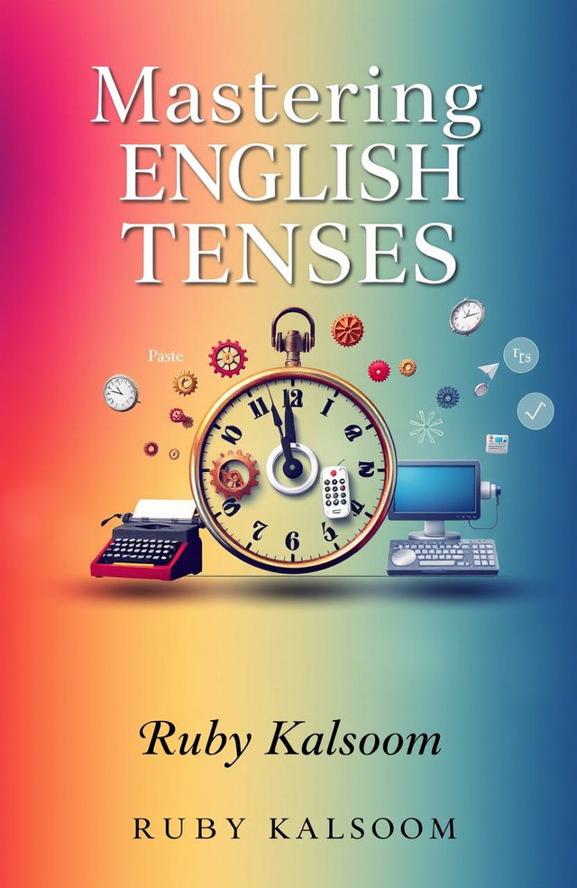 A conceptual cover design for a book titled 'Mastering English Tenses: A Journey Through Time' by Ruby Kalsoom