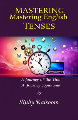 A conceptual cover design for a book titled 'Mastering English Tenses: A Journey Through Time' by Ruby Kalsoom