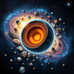 An intricate and captivating illustration of a galaxy with Earth at the center, showcasing its layers such as the crust, mantle, outer core, and inner core in distinct colors and textures