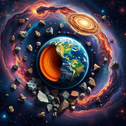 An intricate and captivating illustration of a galaxy with Earth at the center, showcasing its layers such as the crust, mantle, outer core, and inner core in distinct colors and textures