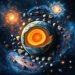 An intricate and captivating illustration of a galaxy with Earth at the center, showcasing its layers such as the crust, mantle, outer core, and inner core in distinct colors and textures