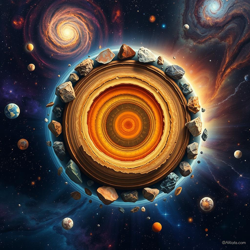 An intricate and captivating illustration of a galaxy with Earth at the center, showcasing its layers such as the crust, mantle, outer core, and inner core in distinct colors and textures