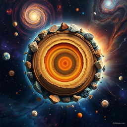 An intricate and captivating illustration of a galaxy with Earth at the center, showcasing its layers such as the crust, mantle, outer core, and inner core in distinct colors and textures