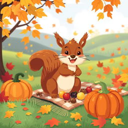 A delightful outdoor Thanksgiving scene featuring a cute, pixel art squirrel happily interacting with various Thanksgiving elements