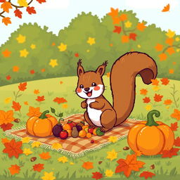 A delightful outdoor Thanksgiving scene featuring a cute, pixel art squirrel happily interacting with various Thanksgiving elements