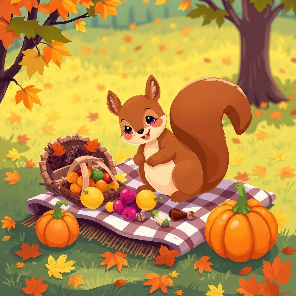 A delightful outdoor Thanksgiving scene featuring a cute, pixel art squirrel happily interacting with various Thanksgiving elements