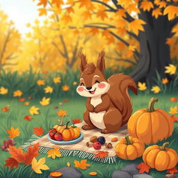 A delightful outdoor Thanksgiving scene featuring a cute, pixel art squirrel happily interacting with various Thanksgiving elements