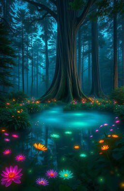 A beautiful, enchanting forest scene at twilight, filled with vibrant, glowing bioluminescent plants and flowers