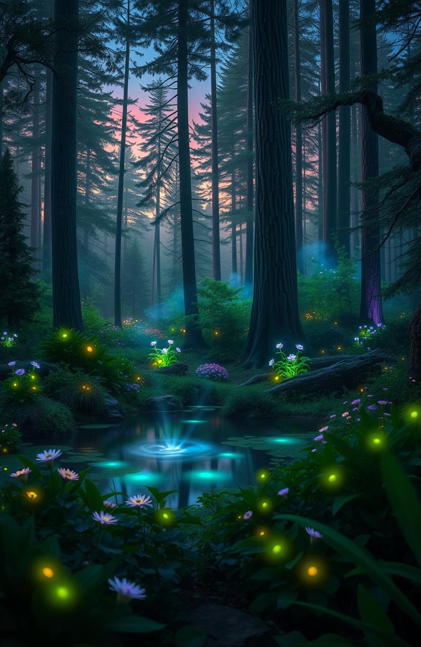 A beautiful, enchanting forest scene at twilight, filled with vibrant, glowing bioluminescent plants and flowers