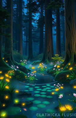A beautiful, enchanting forest scene at twilight, filled with vibrant, glowing bioluminescent plants and flowers