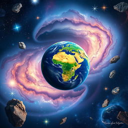 A breathtaking illustration of a galaxy with Earth prominently at the center, beautifully rendered with its rich blue oceans and vibrant green landmasses