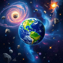 A breathtaking illustration of a galaxy with Earth prominently at the center, beautifully rendered with its rich blue oceans and vibrant green landmasses