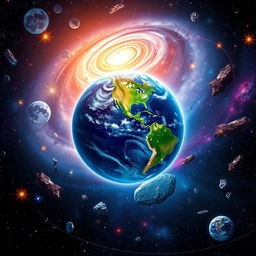 A breathtaking illustration of a galaxy with Earth prominently at the center, beautifully rendered with its rich blue oceans and vibrant green landmasses