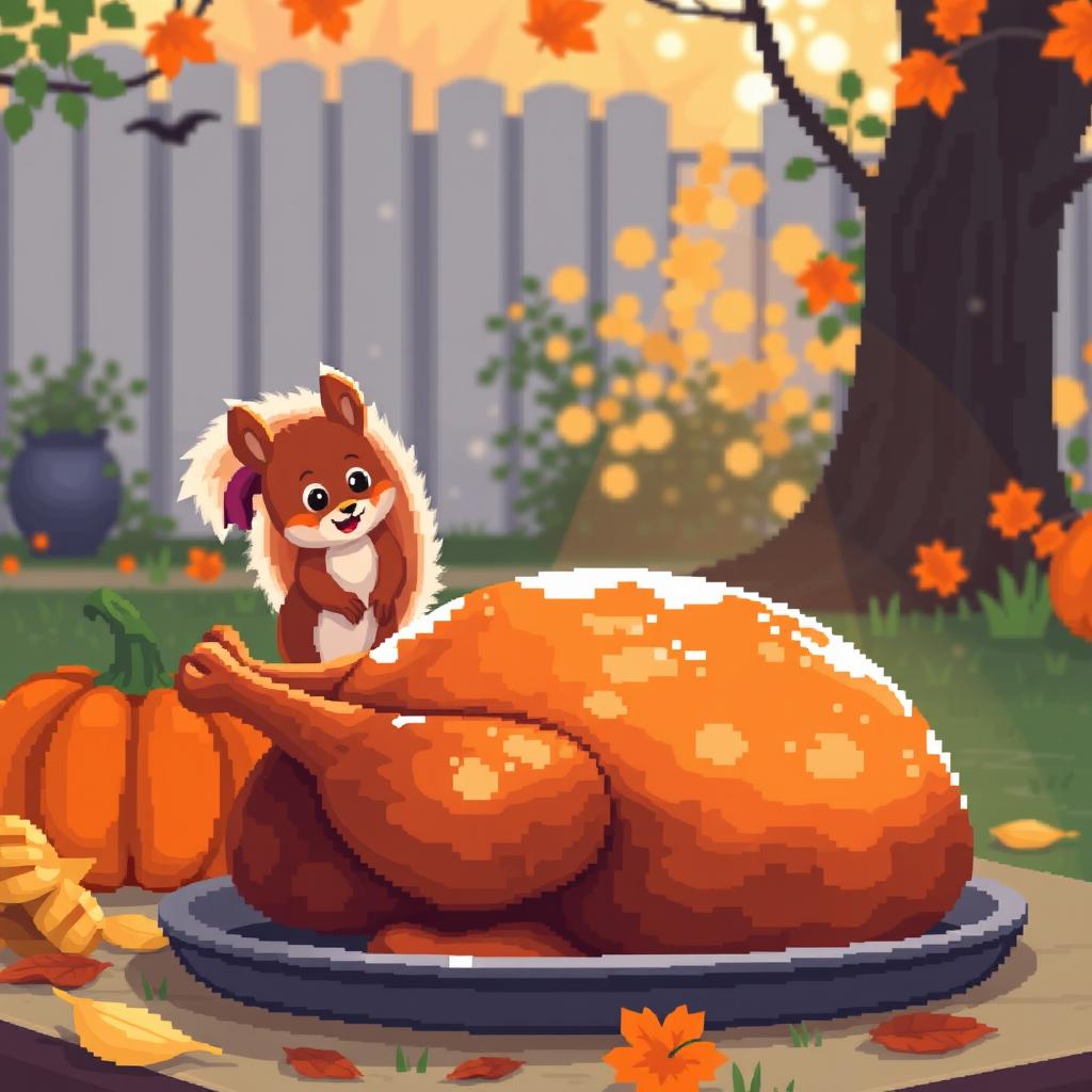 A delightful pixel art scene depicting an outdoor Thanksgiving gathering featuring a cute squirrel playfully near a vibrant orange pumpkin