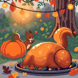 A delightful pixel art scene depicting an outdoor Thanksgiving gathering featuring a cute squirrel playfully near a vibrant orange pumpkin