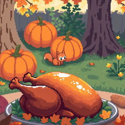 A delightful pixel art scene depicting an outdoor Thanksgiving gathering featuring a cute squirrel playfully near a vibrant orange pumpkin