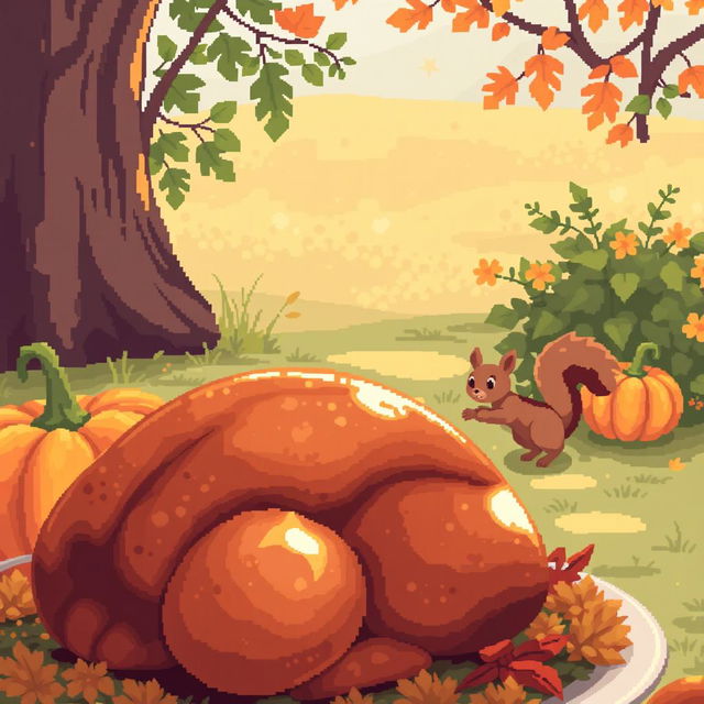 A delightful pixel art scene depicting an outdoor Thanksgiving gathering featuring a cute squirrel playfully near a vibrant orange pumpkin