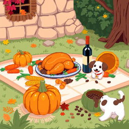 A cute pixel art style scene depicting a Thanksgiving celebration outside