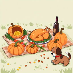 A cute pixel art style scene depicting a Thanksgiving celebration outside