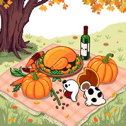 A cute pixel art style scene depicting a Thanksgiving celebration outside