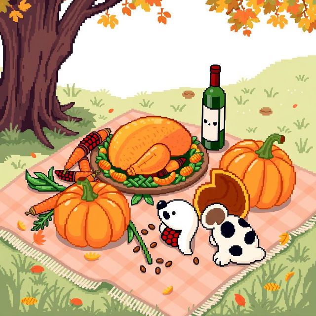 A cute pixel art style scene depicting a Thanksgiving celebration outside