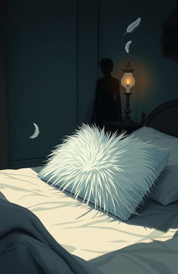 A hauntingly beautiful illustration inspired by the theme of 'El almohadón de plumas', showcasing a delicate, fluffy feather pillow in a dimly lit, cozy bedroom