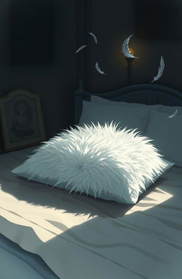 A hauntingly beautiful illustration inspired by the theme of 'El almohadón de plumas', showcasing a delicate, fluffy feather pillow in a dimly lit, cozy bedroom