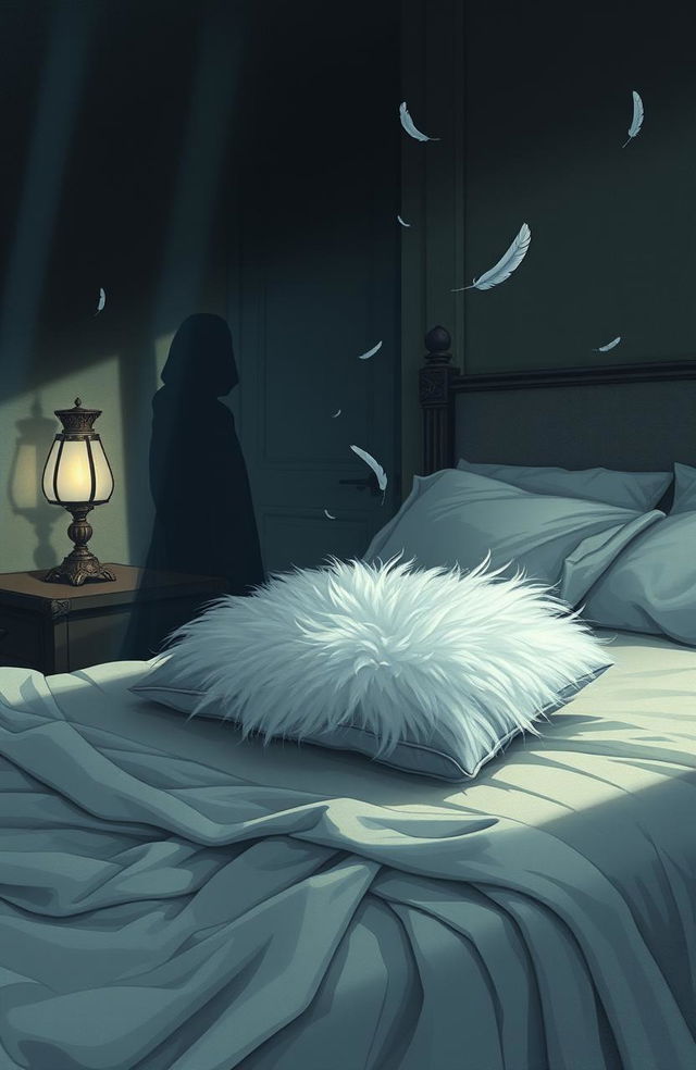 A hauntingly beautiful illustration inspired by the theme of 'El almohadón de plumas', showcasing a delicate, fluffy feather pillow in a dimly lit, cozy bedroom