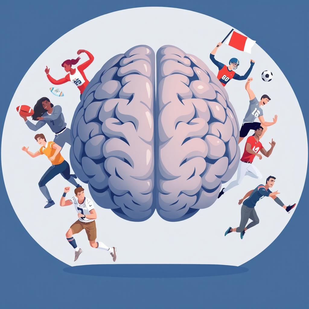 An illustration featuring a large human brain at the center, surrounded by diverse male and female sports players in energetic poses