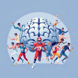An illustration featuring a large human brain at the center, surrounded by diverse male and female sports players in energetic poses