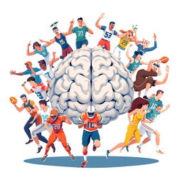 An illustration featuring a large human brain at the center, surrounded by diverse male and female sports players in energetic poses