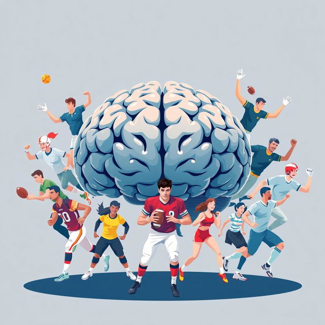 An illustration featuring a large human brain at the center, surrounded by diverse male and female sports players in energetic poses