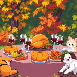 A cute pixel art style scene depicting an outdoor Thanksgiving gathering