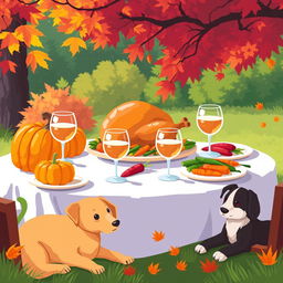 A cute pixel art style scene depicting an outdoor Thanksgiving gathering