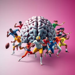 An artistic representation of a human brain at the center, surrounded by a diverse group of male and female sports players in dynamic action poses